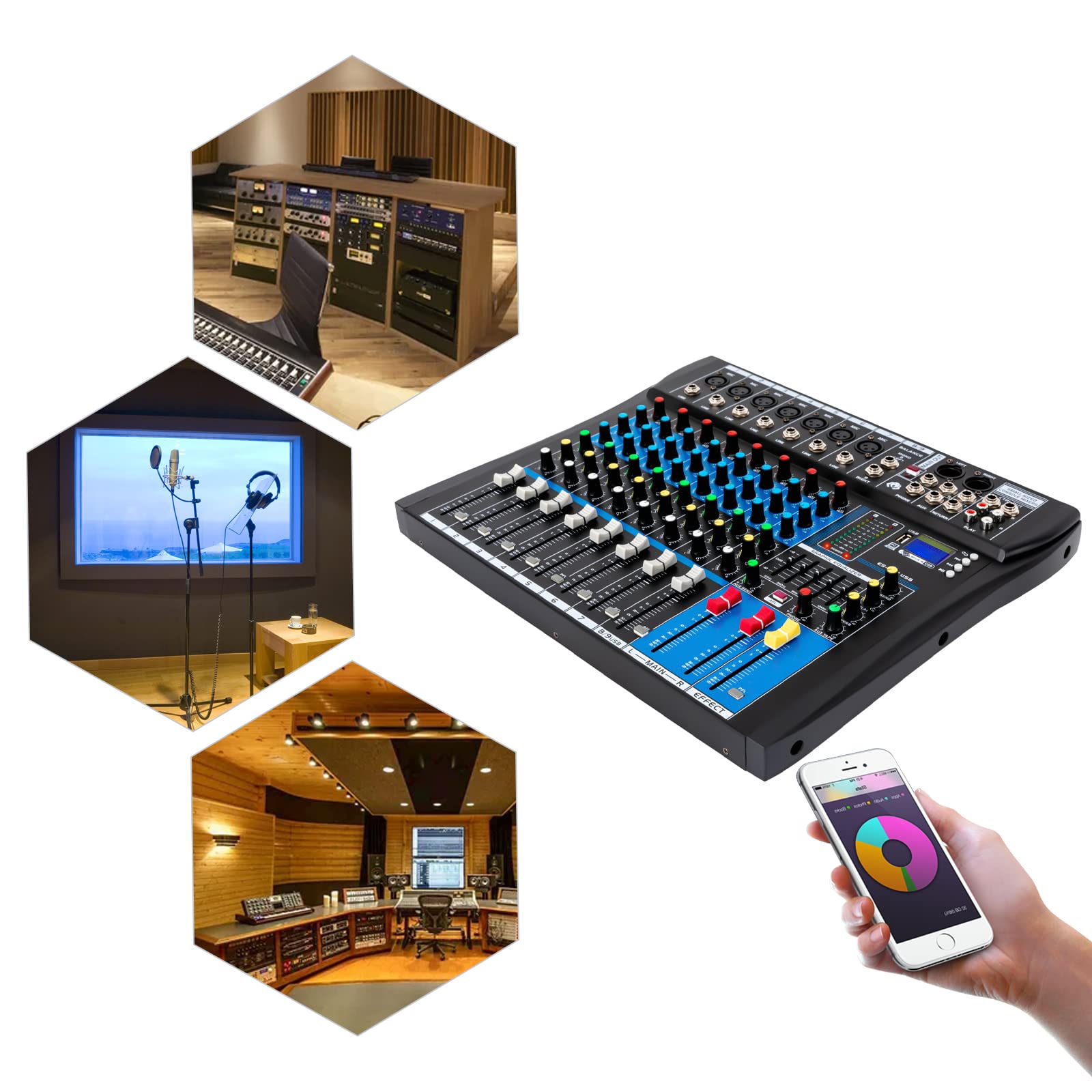 Professionelle 8 Kanal Stereo Sound Mischkonsole, Mischpult mit USB Bluetooth DJ Live Audio Mixer mit LCD-Anzeige mit Hall-Delay-Effekt für Heim-KTV, Aufnahmestudios, Live-Streaming, 48V Phantom Power