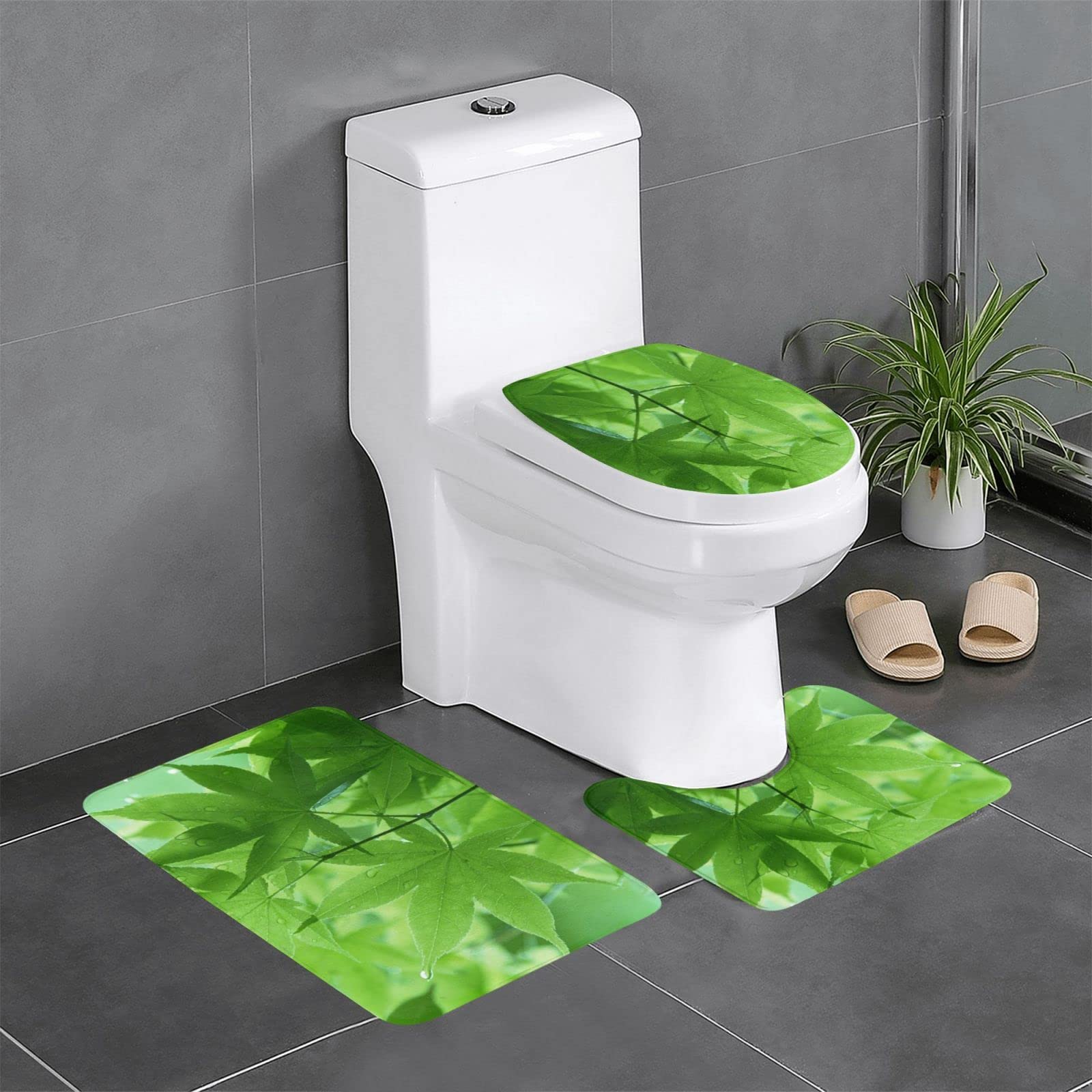 Tapis de salle de bain vert motif nature lot de 3 avec contour et housse WC