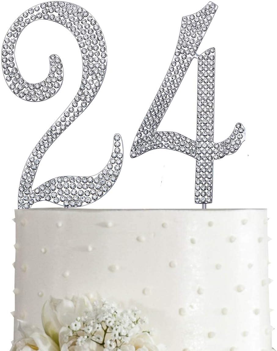 MAGJUCHE Silver 24" Crystal Cake Topper, Number 24 Rhinestones 24th Birthday Cake Topper, Men or Women Birthday or 24th Anniversary Party Decoration Supply