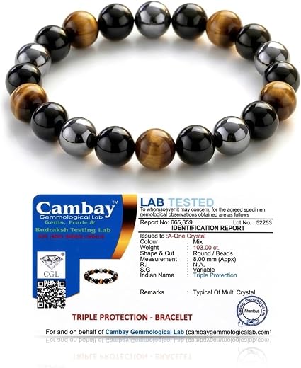 A-One Crystal Triple Protection Bracelet Original | 8mm Natural Tiger Eye, Black Obsidian &amp; Hematite | Certified Healing C...