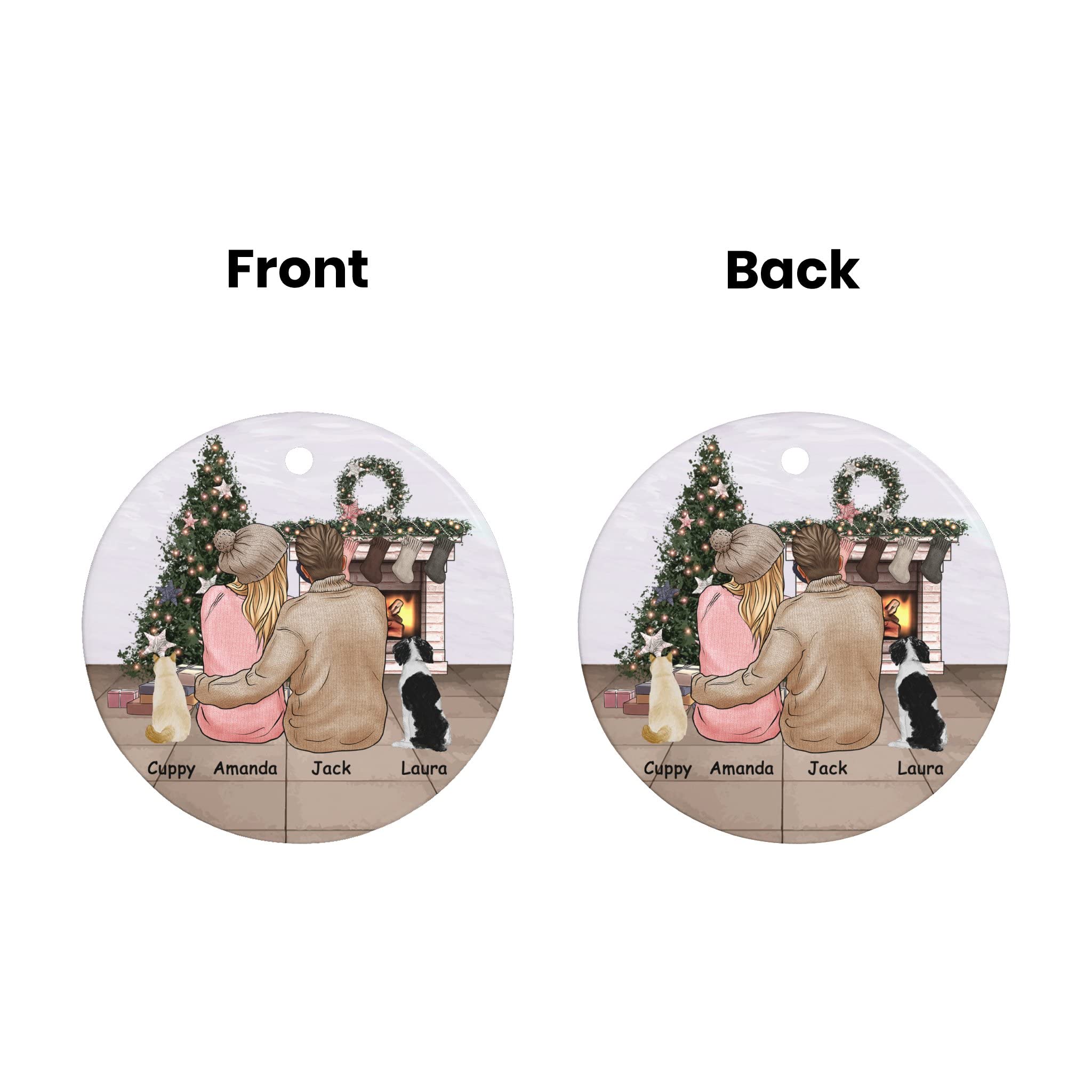 Personalized Family Christmas Ornament 2022, Custom Name Cat Dog Breed for Xmas Couple Round Circle Ceramic Ornament Engagement Gift for Newlyed