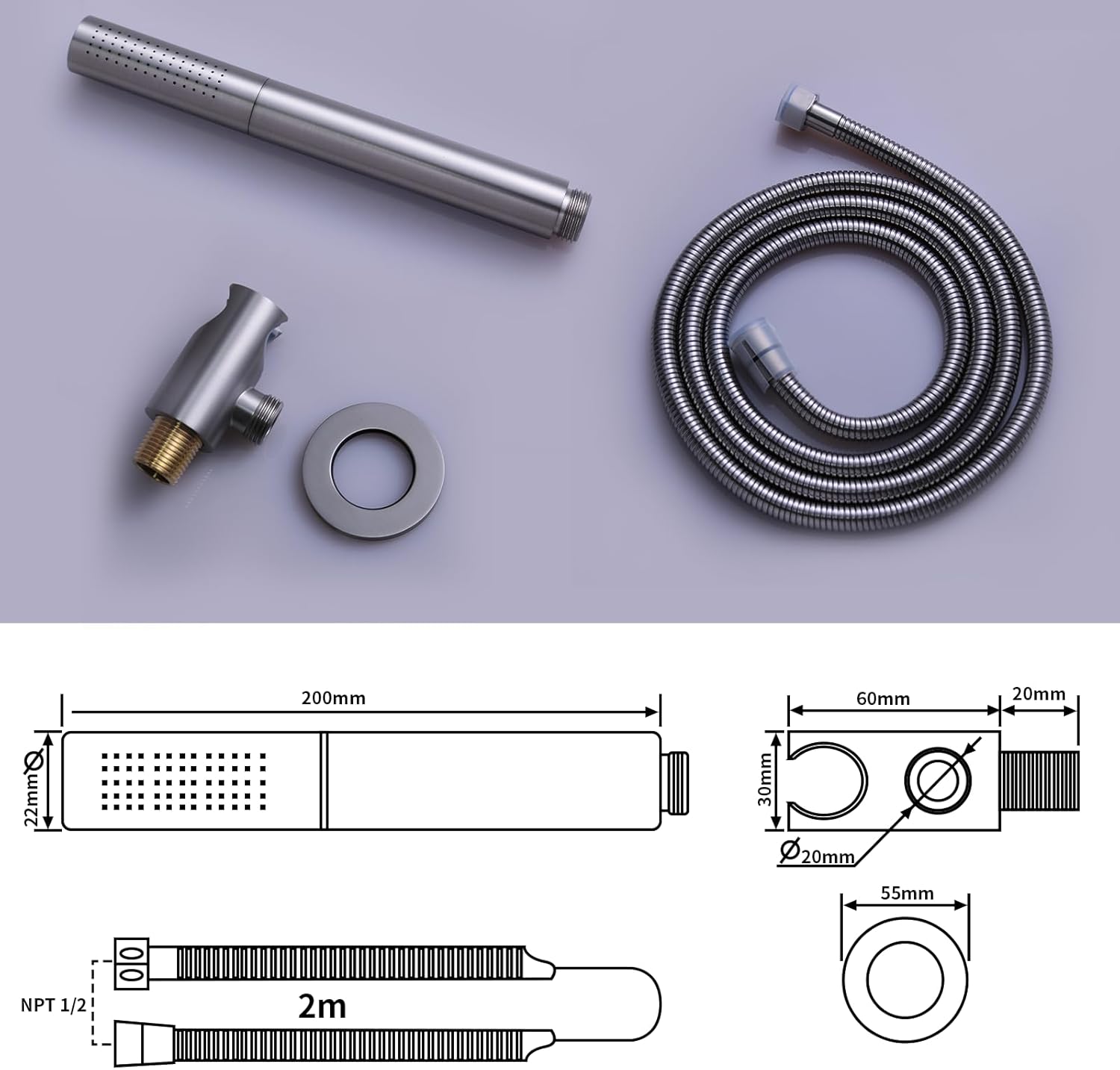 Bathroom Brass High Pressure 2 In 1 Function Handheld Shower Head Sprayer Wand With 79 Inch Hose Holder (Brushed Nickel)