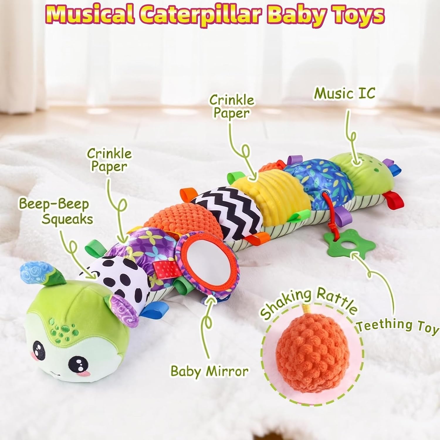 Musical Caterpillar Baby Toys for 0-6 6-12 Months, Multi-Functional Sensory Tummy Time Toys with Mirror Rattle Crinkle, Developmental Stuffed Animal Toy for Newborn Boys Girls Shower Gifts (Green) image 3