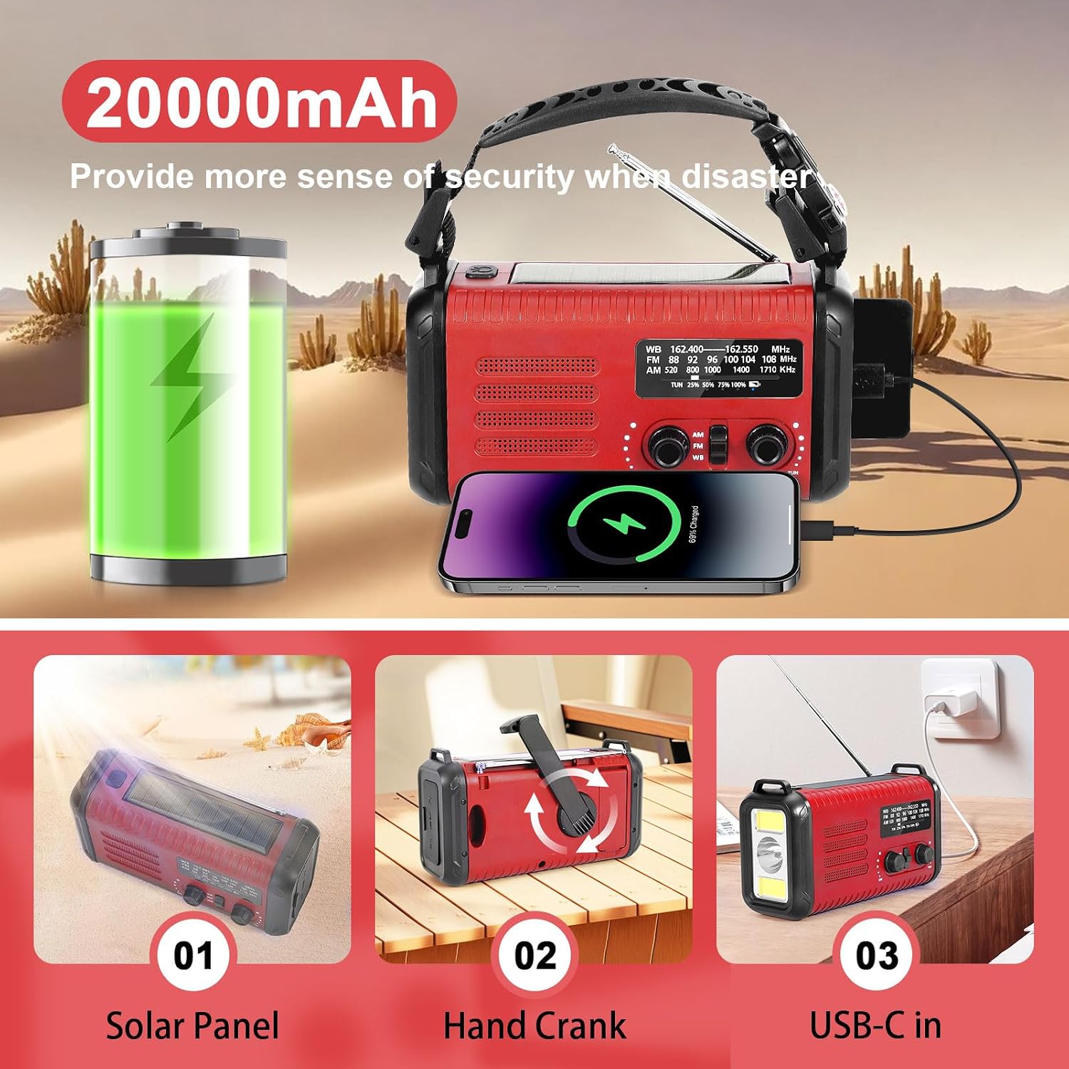Emergency Hand Crank Solar Radio 20000mAh with Clear Signal, AM FM NOAA Weather Radio Battery Operated with 2-Mode LED Flashlight Cell Phone Charger Dual Outputs SOS for Emergencies 3 71mGK2NROaL. AC SL1500