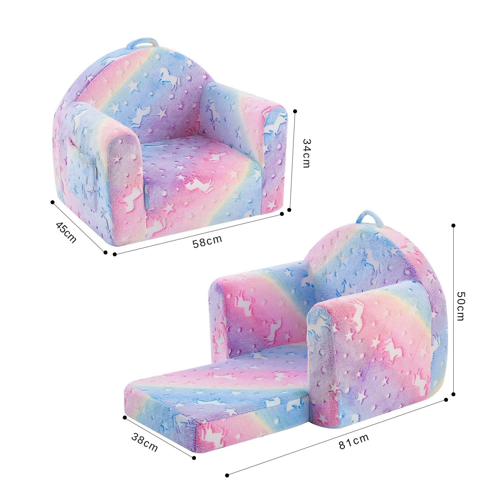 MeMoreCool Divano per bambini, comodo divano per bambini in peluche, divano letto convertibile per bambini, reclinabile e pieghevole, mini divano per bambini da 1 a 3 anni, motivo: unicorno arcobaleno