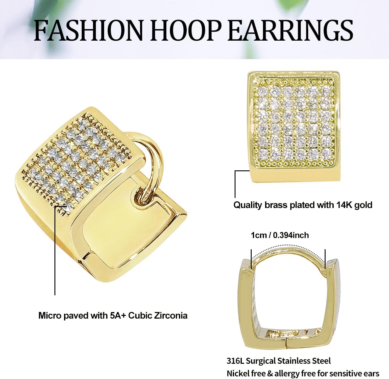 LuReen Hypoallergenic Small Hoop Earrings Iced Out Cubic Zirconia Huggie Cartilage Cuff Earrings for Men Women, 2 Pairs Fashion Luxury 14K Gold Plated Round Circle Earring Hoops 12mm - Image 4