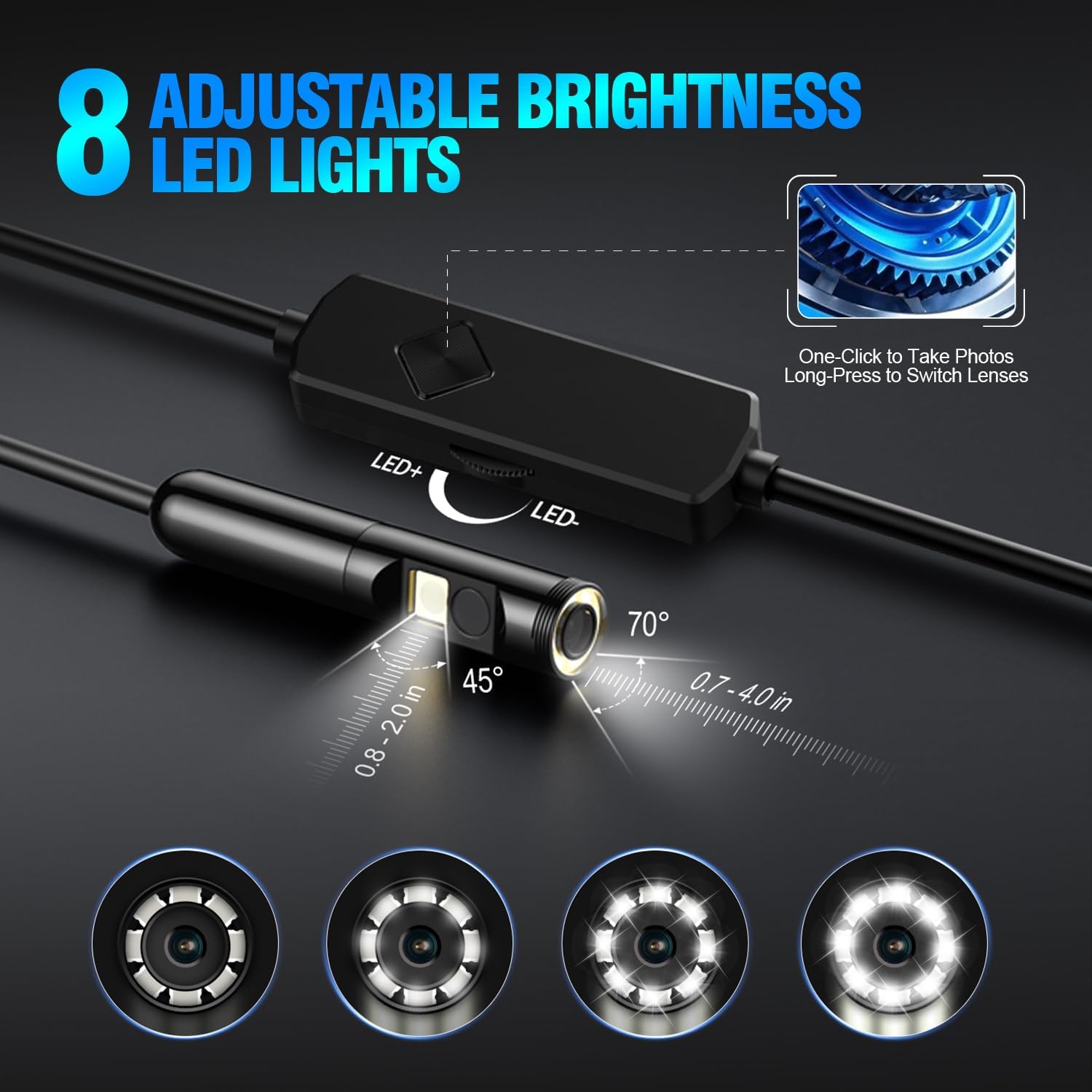 Dual-Lens Endoscope Camera with Light, 1920P HD Borescope with 8 Adjustable LEDs, 16.4FT Semi-Rigid Snake Cable, IP67 Waterproof Inspection Camera for iOS & Android - Black