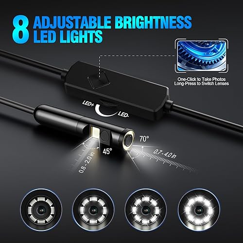 Miniatura 3 de Cámara endoscopio de doble lente con luz, boroscopio HD 1920P con 8 LED ajustables, cable de serpiente semirrígido de 16.4 pies, cámara de