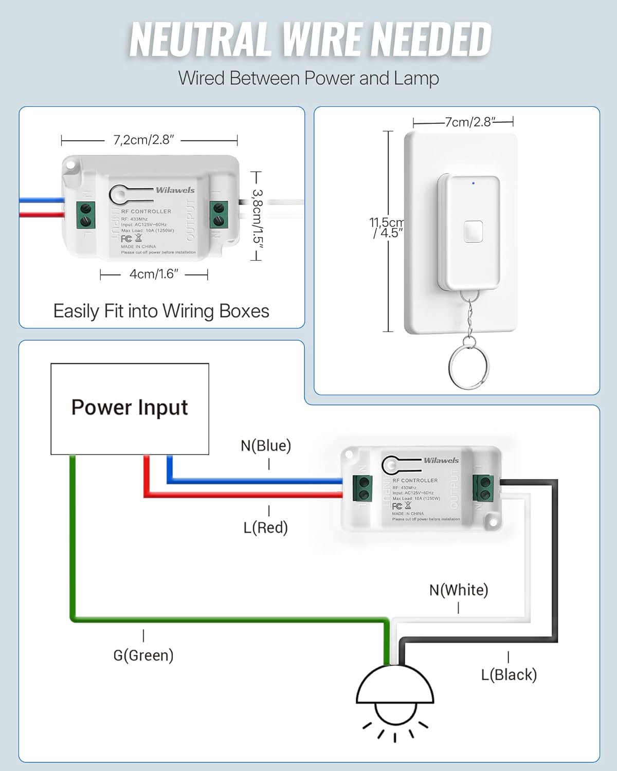 Wireless Light Switch and Receiver Kit, WILAWELS Remote Light Switches, No in-Wall Wiring Required, Remote Control Wall Switch for Ceiling Lights, Fan, 100 Ft RF Range, FCC Listed W15RC1106