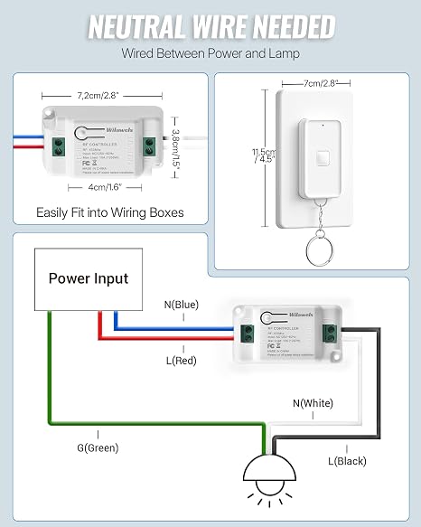 Wireless Light Switch and Receiver Kit, WILAWELS Remote Light Switches, No in-Wall Wiring Required, Remote Control Wall Switch for Ceiling Lights, Fan, 100 Ft RF Range, FCC Listed W15RC1106