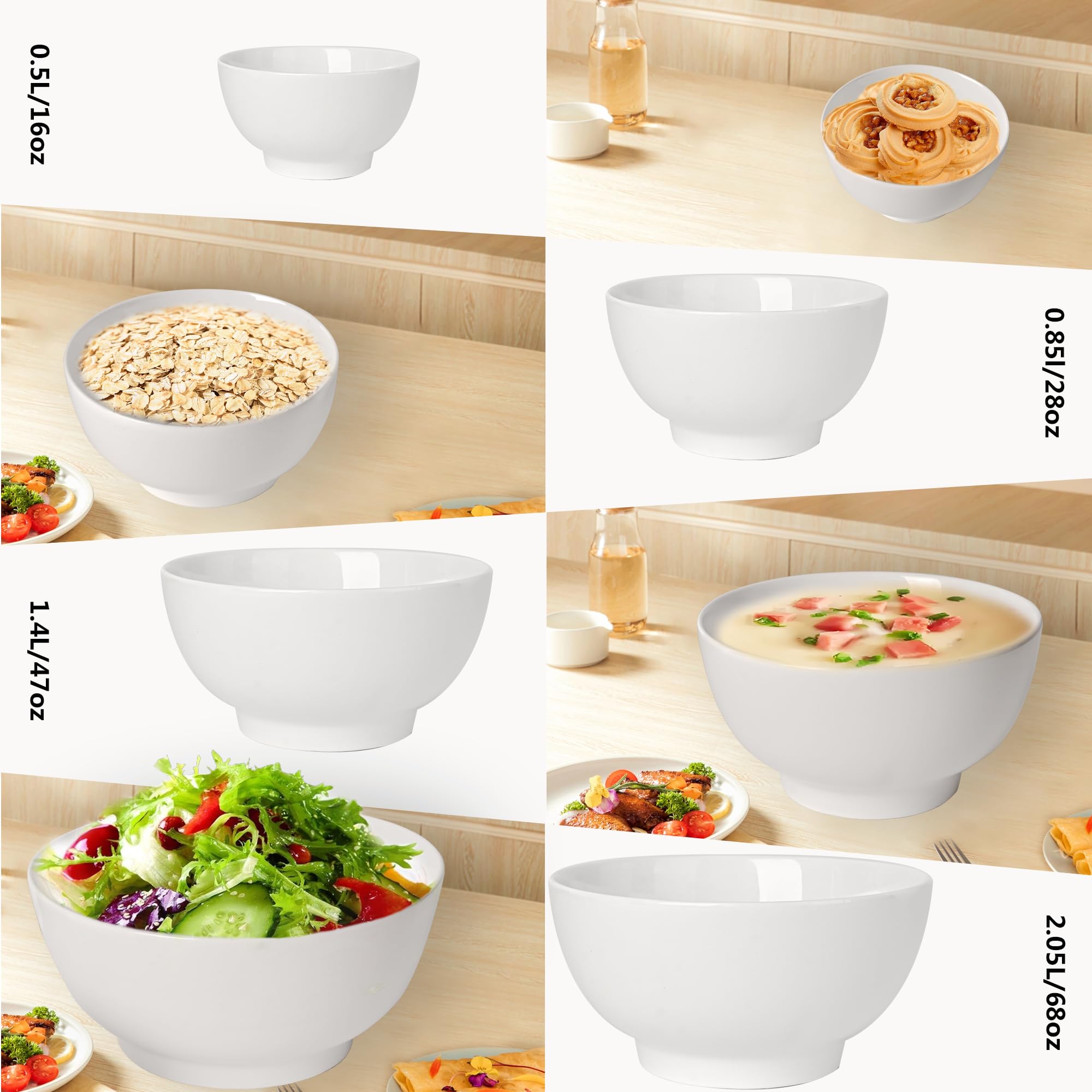 Lot de 4 bols à céréales en céramique - 1400 ml - Grands bols à soupe - Pour salade, ramen, riz, pho, nouilles, fruits, etc. - Passe au micro-ondes - Blanc - Diamètre : 18 cm