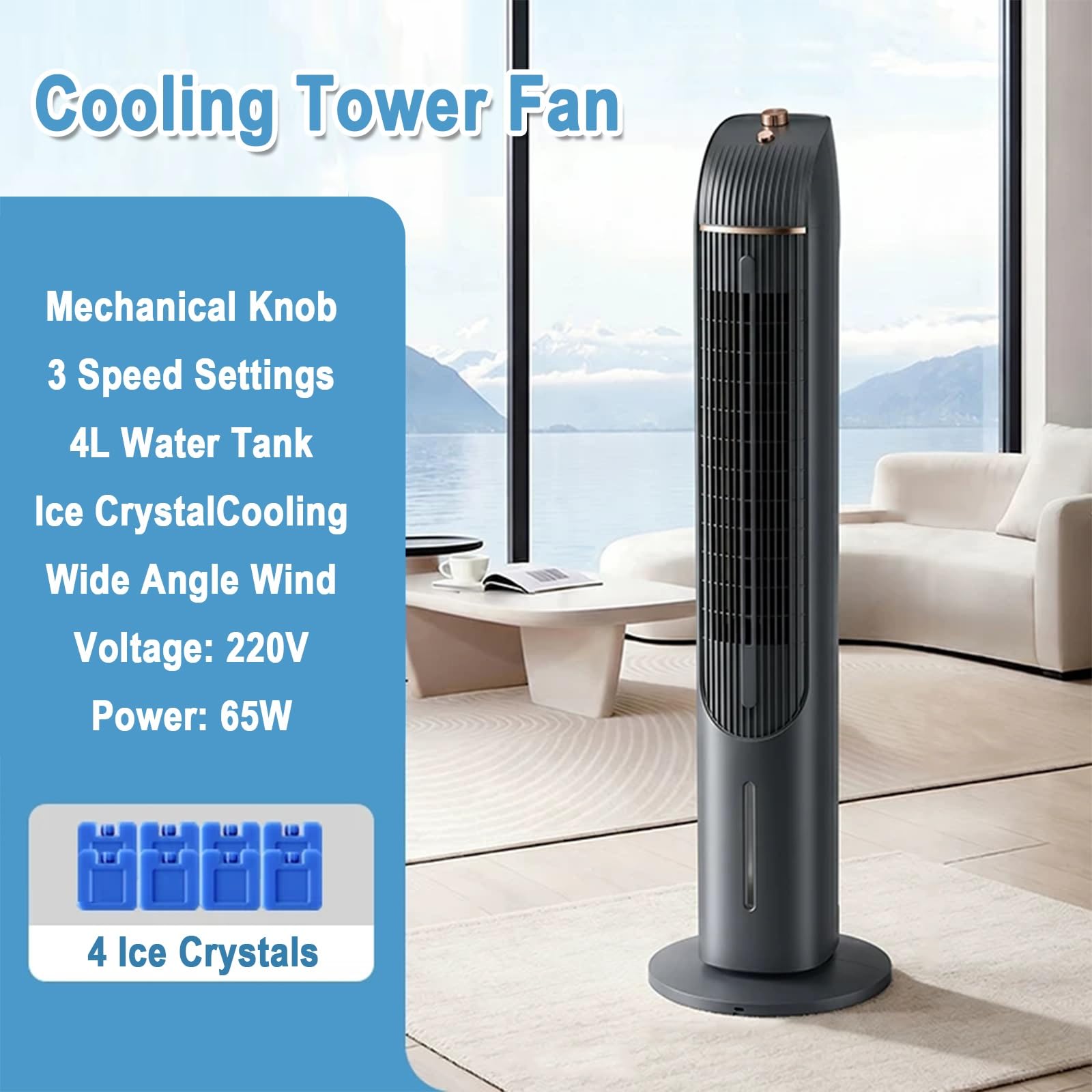 Chłodzący Cichy Wahadłowy Wentylator Wieżowy, Oscylacja 60° | Wysoki Wentylator Wieżowy 102cm, 65W, 3 Prędkości, Zbiornik na Wodę 4L, 4 Kryształy Lodu, 220V, do Sypialni