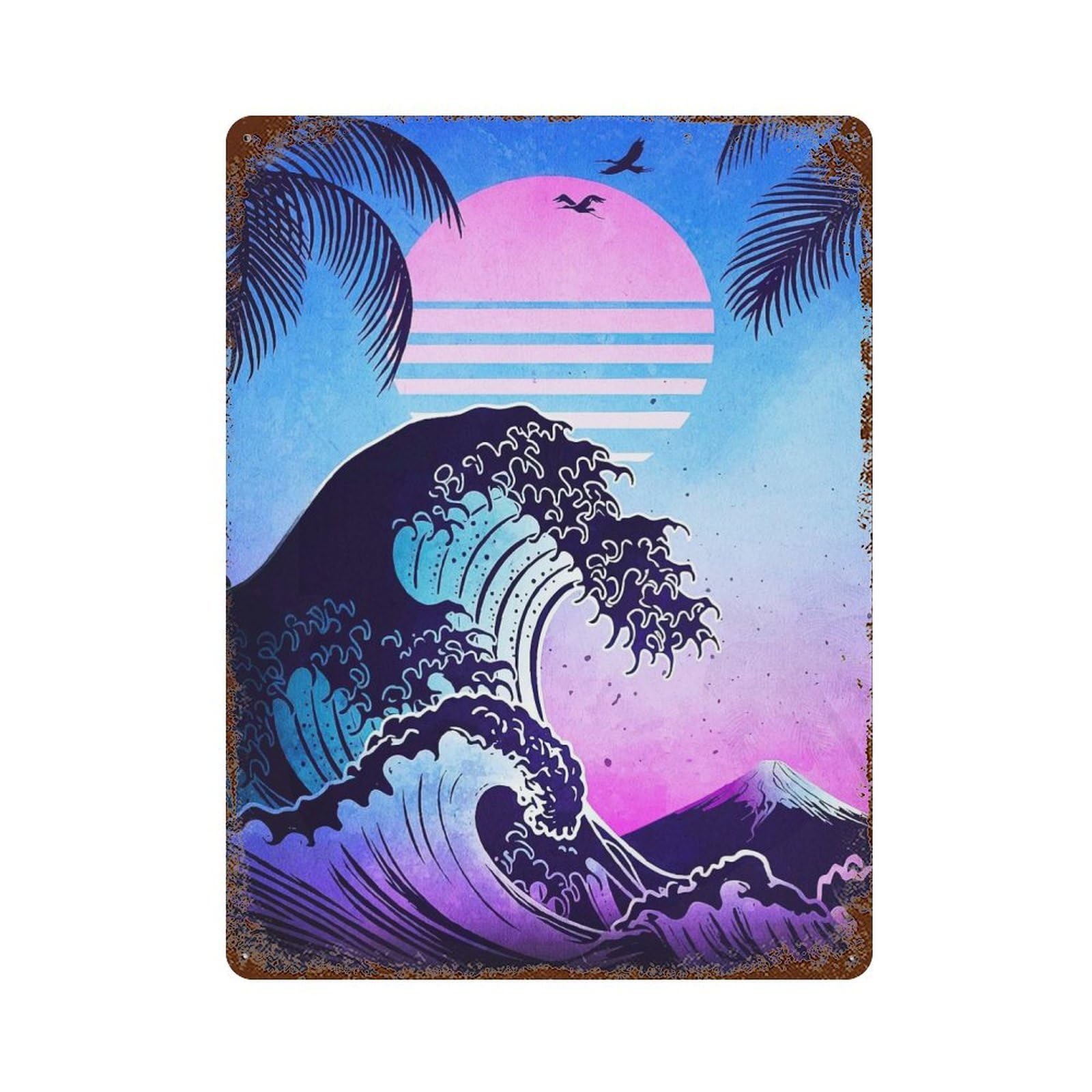 Synthwave Wave And Sunset 15.7"x11.8" Vintage Rust Metal Sign, Decorative Metal Wall Art for Living Room, Hallway And Home Decor