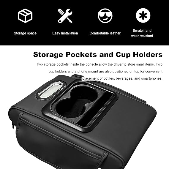 Car Center Console Armrest Pillow, Multifunctional Armrest Box Cover with Cup Phone Tissue Holder & Side Pockets, Waterproof Leather Middle Console Cushion for Most Vehicles (Black, Normal)