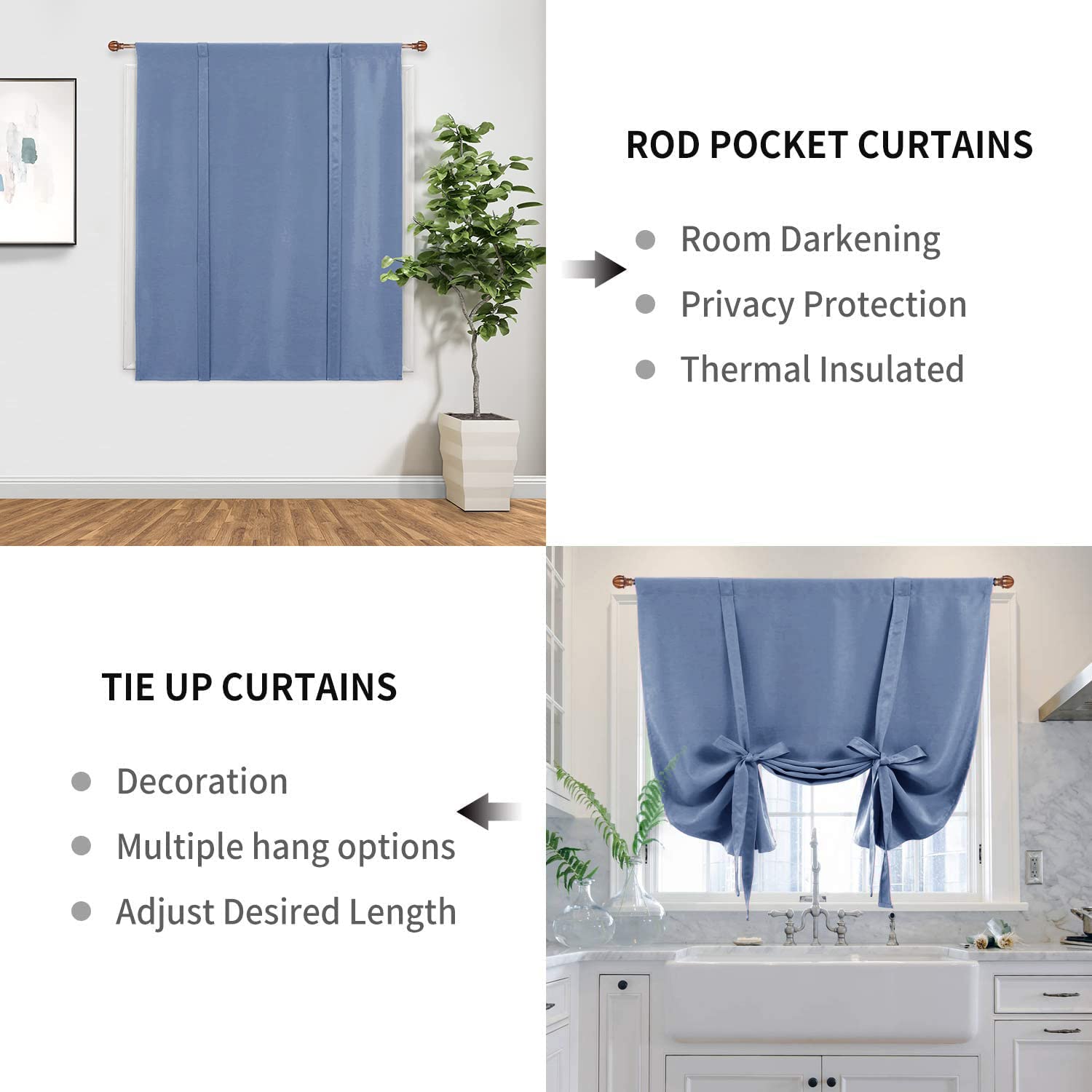 DWCN Rideaux occultants à nouer pour fenêtre à isolation thermique avec passe-tringle pour cuisine, bleu brume, 106,7 x 160 cm (l x L), 1 panneau