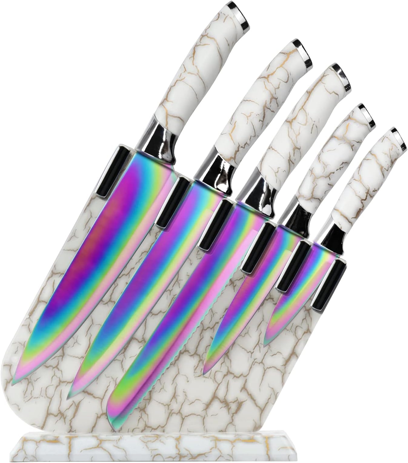 Rainbow Knife Set, Non Stick Kitchen Knives Set with Acrylic Block, 6 Piece Stainless Steel Knives, Marbling Handle Chef Quality for Home & Pro Use, Best Gift (White Handle)