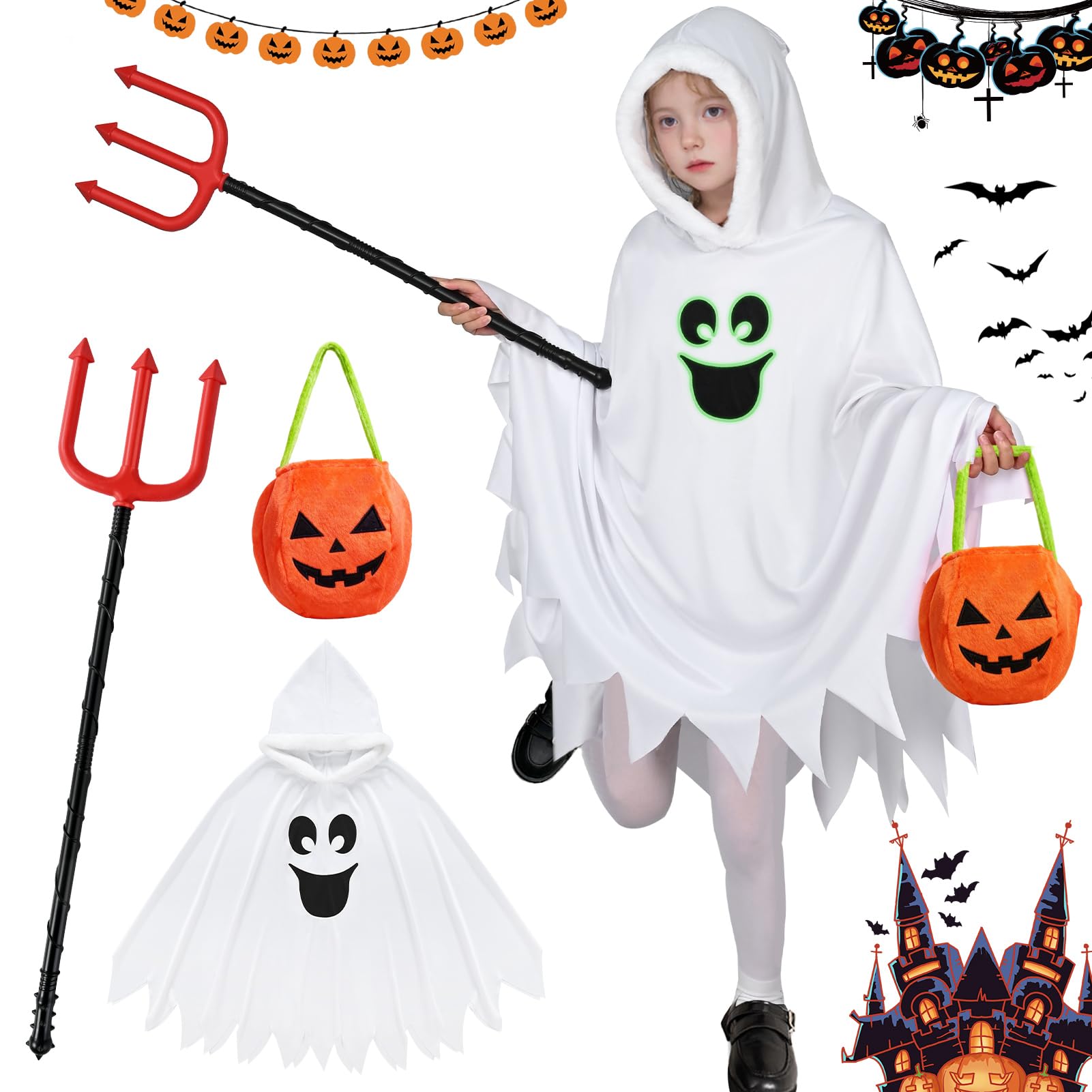 Ghost Costume Kids Halloween Costumes for Girls Boys, Glow in the Dark Ghost Face Outfit Halloween Children Cloak Hooded Fancy Dress Pumpkin Bags Trick-or-Treating Party (Kids Style 1, 10~11Years)
