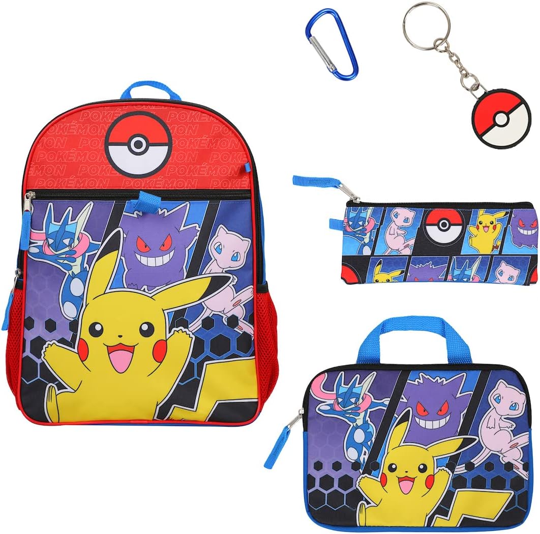 Pokemon 5-Piece Set: 16 Backpack, Padded Utility Case, Small Utility Case, Rubber Keychain, and Carabiner