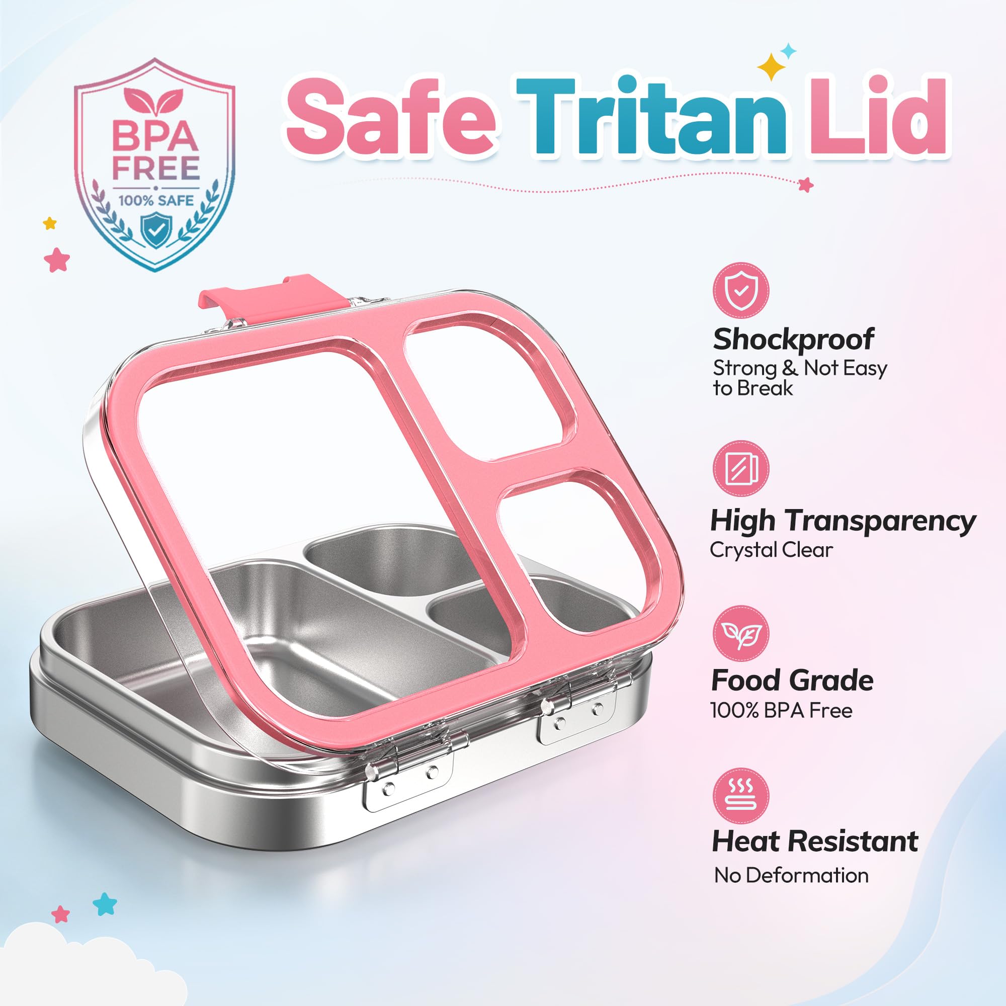 VITONIS Fiambrera infantil de acero inoxidable, fiambrera con 3 compartimentos, fiambrera infantil A prueba de fugas, sin BPA, apta para lavavajillas,Adecuado para campus, picnic (Rosa)
