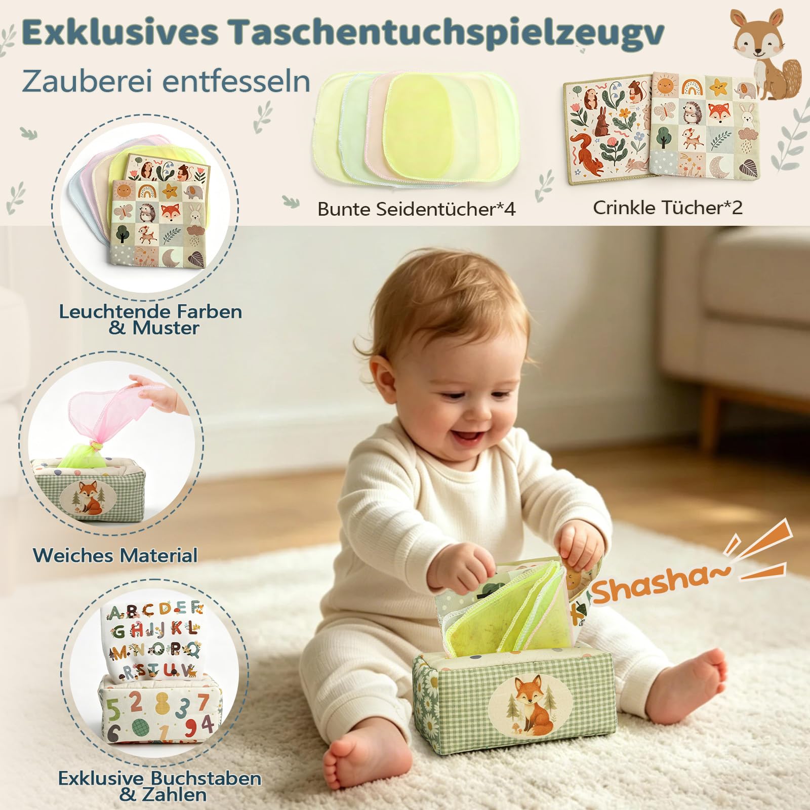 Anook Montessori Spielzeug Baby ab 6 Monate, Baby Spielzeug 6 8 9 10 Monate | Babyspielzeug ab 6 Monate mit Bausteine,Stapelbecher,Tücherbox Baby,Formsortierwürfel,Stapelturm,Geschenk für 6-12 Monate