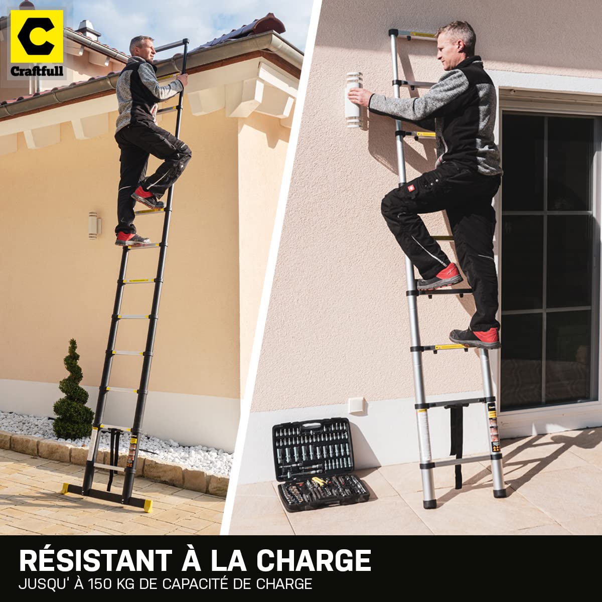 𝐂𝐑𝐀𝐅𝐓𝐅𝐔𝐋𝐋 Échelle télescopique Aluminium CF-101B | 3 Ans Garantie - Anti-pincement - escabeau - échelle autoportante - coulissante - d’Appui (2,6 m Soft-Close)