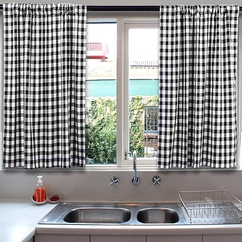 Miniatura 6 de Cortinas opacas a cuadros de búfalo para sala de estar, 36 x 36 pulgadas, paquete de 2 unidades (negro y blanco)