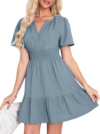 Simplee Womens Summer Beach Wedding Linen Mini Dress Casual Short Sleeve V Neck Empire Waist Flowy Boho Sundress