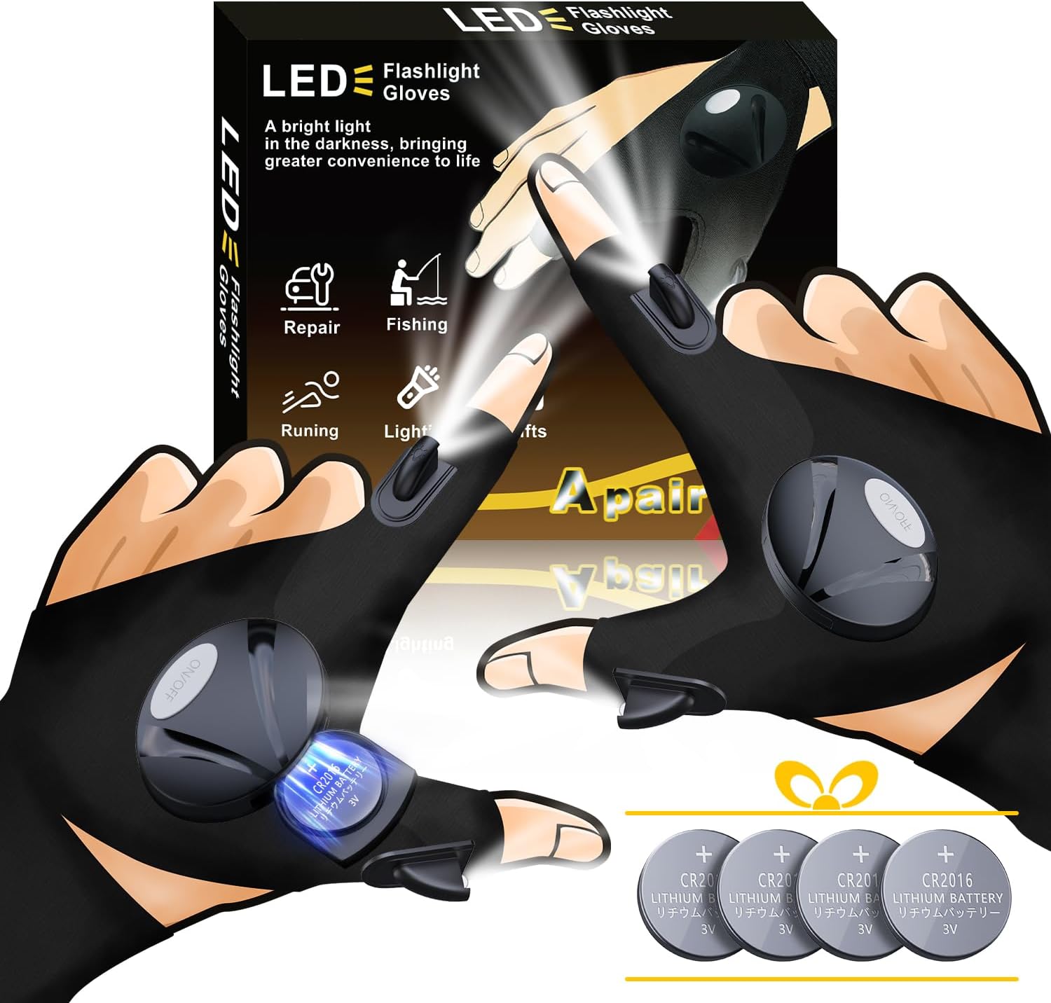 LOUISWARE LED Flashlight Gloves, Unique Gift for Men Dad Father Husband Birthday Stuff, Cool Stretchy Fingerless Light Gloves Gadget for Repairing Electrician Mechanic DIY Handmade, 1 Pair
