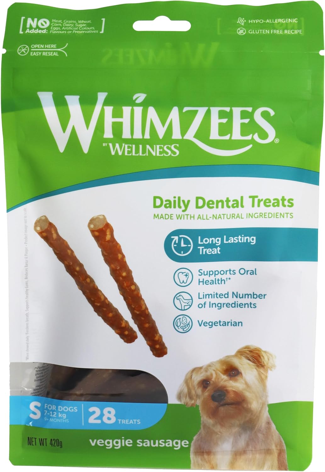 Whimzees Natural Grain Free Dental Dog Treats, Veggie SaUSage, 24 + 4 Pieces (360 G + 60 G) Buy