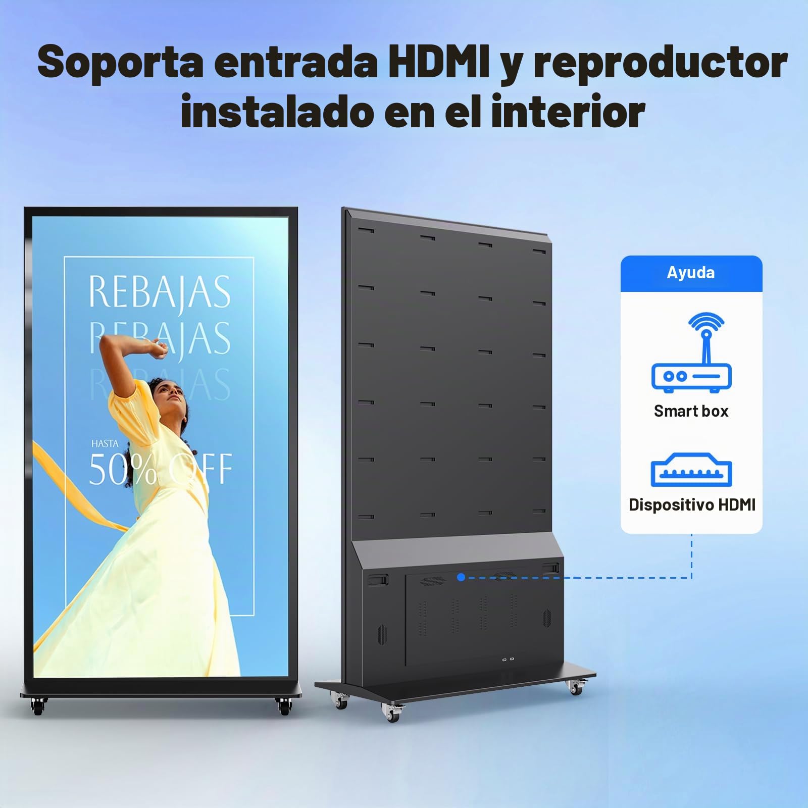 Pantalla Publicidad, LCD Señalización Digital, Automática Monitor Vertical Portátil para Tienda, Restaurante, Centro Comercial, Compatible con USB/WiFi/HDMI, Android OS, 75 Pulgadas