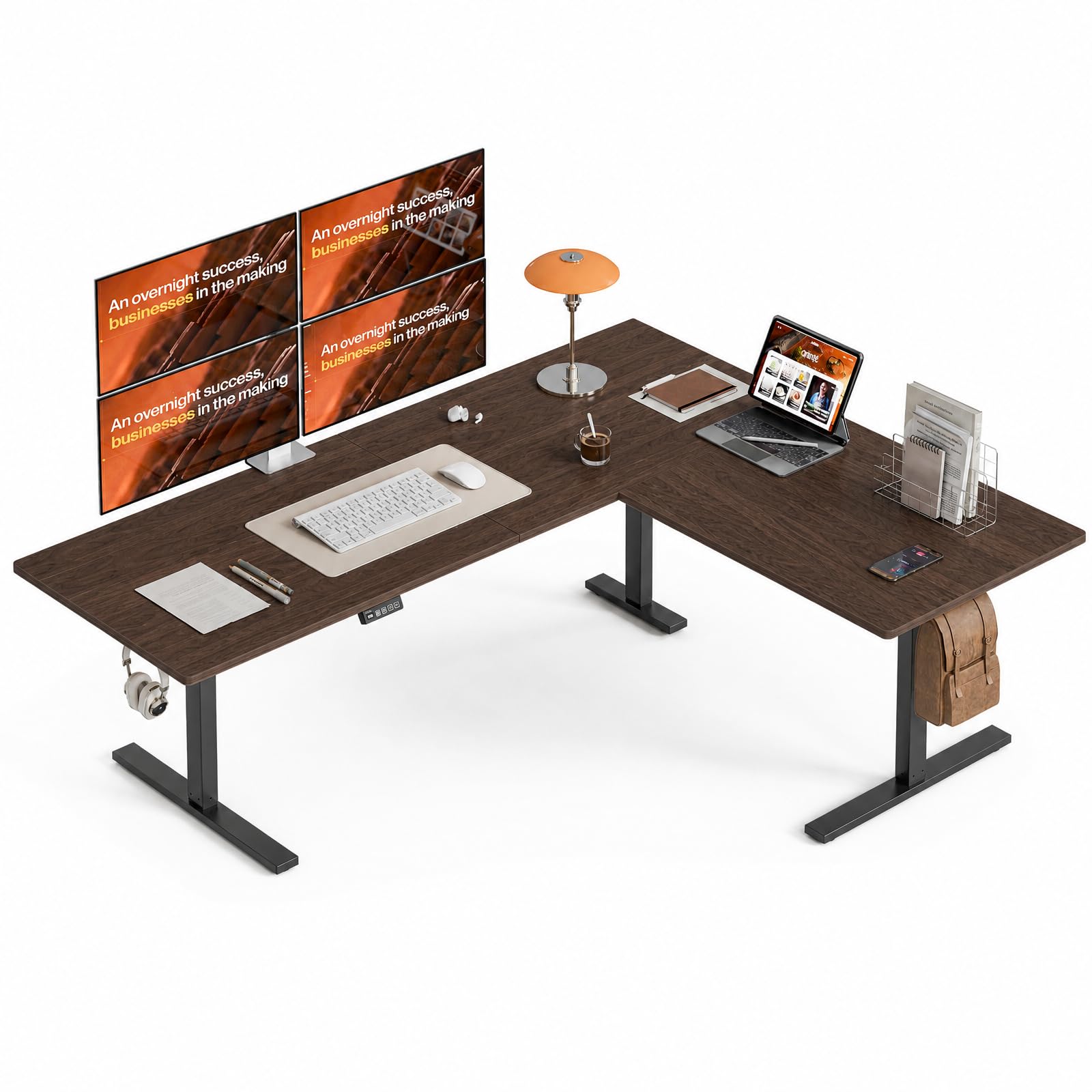 Grandder 75 x 61 Inch L Shaped Standing Desk, Electric Height Adjustable Corner Stand Up Desk, Sit Stand Corner Table Home Office Table, Walnut Top Black Frame