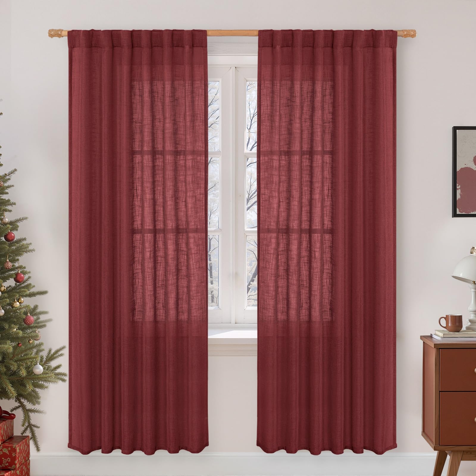 LAMIT Burgundy Red Sheer Linen Curtains, 80 inch Light Filtering Semi Sheer Panels Back Tab and Rod Pocket Christmas Drapes for Bedroom/Living Room, 2 Panels, 52 x 80 Inch