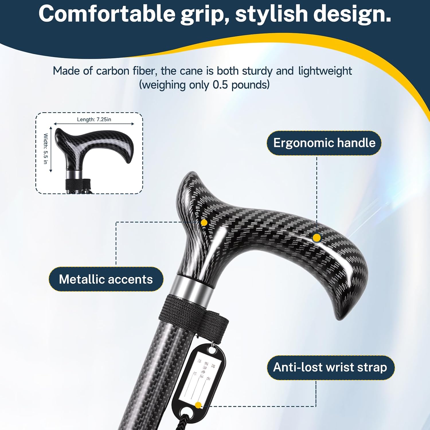 Carbon Fiber Walking Cane for Men and Women, Ultra Lightweight Adjustable Height Walking Stick with Non-Slip Base for Stable Support, Durable Daily Mobility Aid for Elderly and Outdoor Use