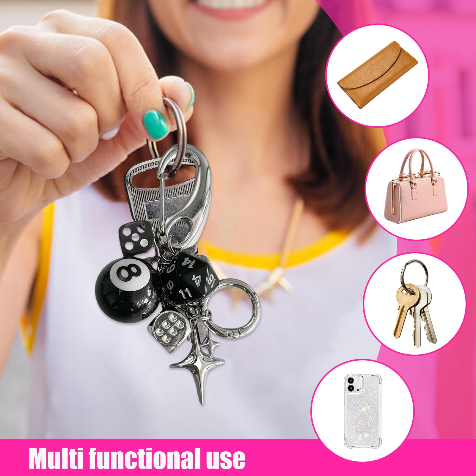 Dice Bag Charm, Cute Retro Pendant, Metal Dice Design with Multipurpose Keyrings Accessories and Fashion Ornaments, (1 Piece, Silver), Perfect for Personalizing Backpacks, Purses