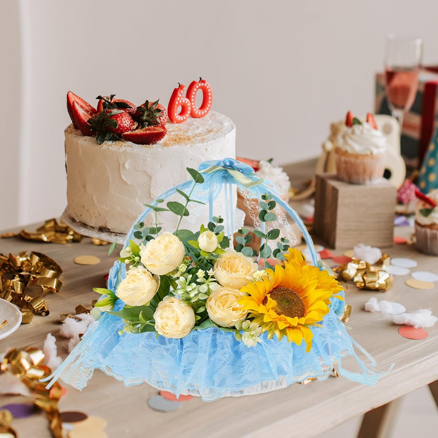 PRETYZOOM Wedding Decorative Flower Girl Basket with Light Blue Lace and Rhinestone Trim, Small Handheld Basket for Wedding Favors and Ceremony Supplies