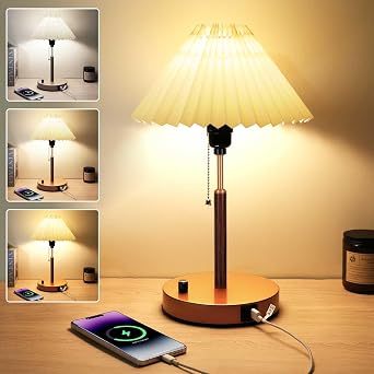 Bedside Table Lamp, Stepless Dimmable Lamp with USB C Charging Ports for Bedroom, Decor Nightstand Lamp Small Lamp Fabric Shade for Living Room Desk Xmas Gift, Bulb Included NOT READING LIGHT
