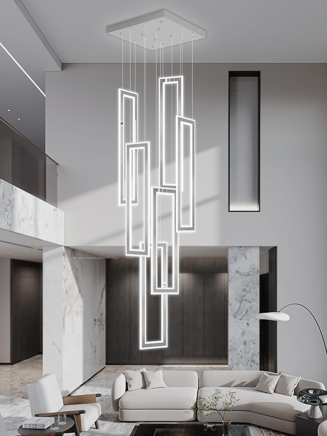 ykolupty Modern Chandelier, Rectangle Chandeliers with 6 Ring Led Foyer Chandeliers,Larger High Ceiling Chandelier for Living Room,Entryway Staircase LED Dimming 2700k-6000k