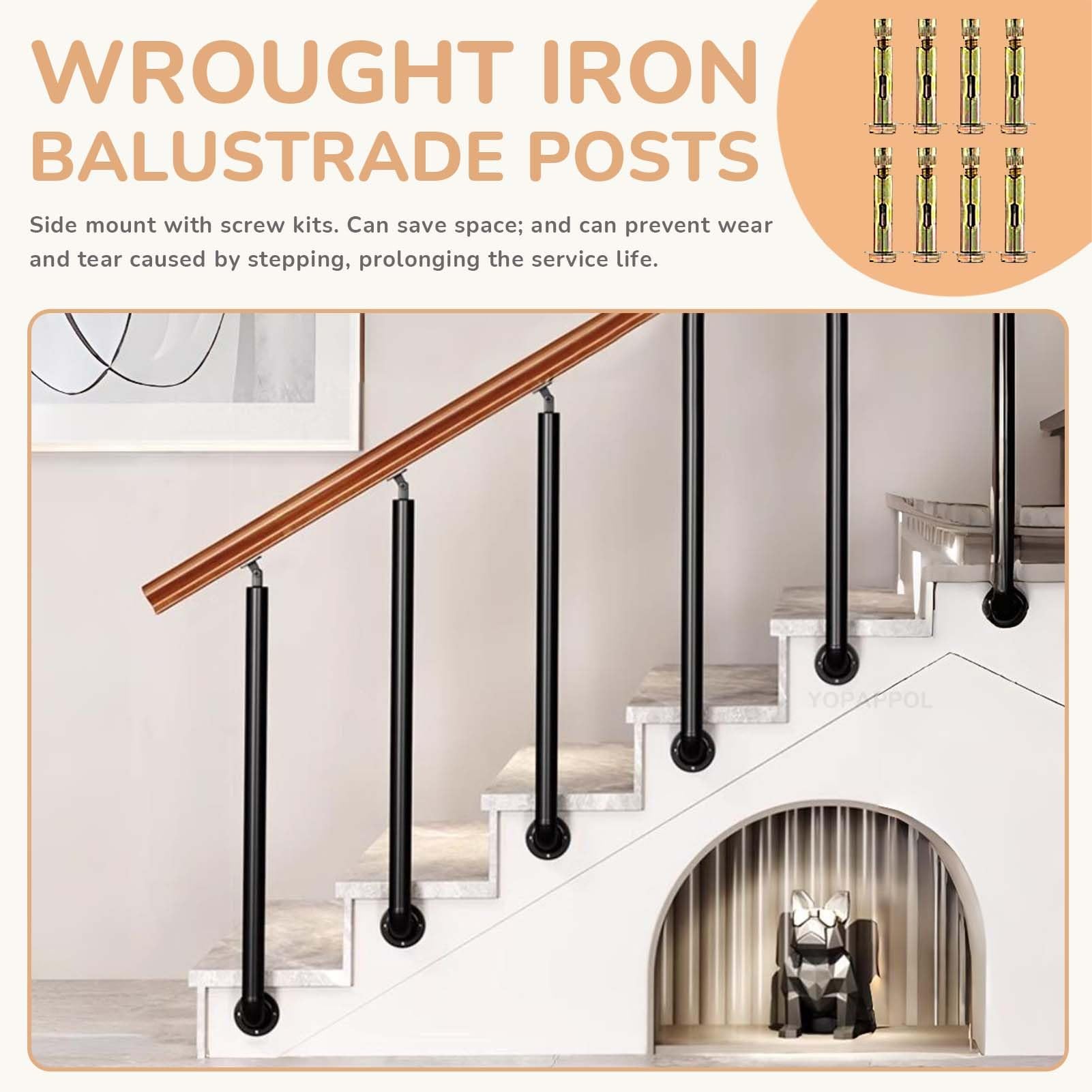 Columna de balaustres de barandilla de porche de hierro forjado, husillos de cubierta de metal para interiores y exteriores, poste de escalera negro con soportes de ángulo ajustables de 270°(95cm(37.4