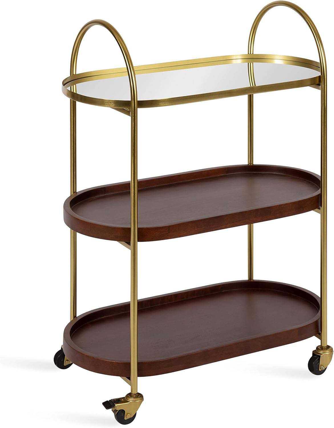 Kate and Laurel Maxfield Mid-Century Modern Rolling Bar Cart - Walnut Gold Mirrored Top, 26x13x36" Glam Storage for Bar, Kitchen, Bathroom