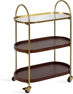Kate and Laurel Maxfield Mid-Century Modern Rolling Bar Cart - Walnut Gold Mirrored Top, 26x13x36" Glam Storage for Bar, Kitchen, Bathroom