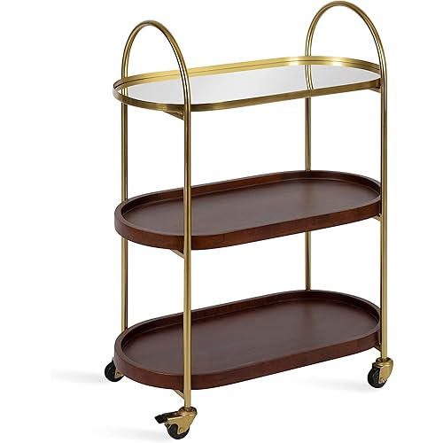 Kate and Laurel Maxfield Midcentury Modern Rolling Bar Cart, 26 x 13 x 36, Walnut and Gold, Decorative Glamorous Wood and Mirrored Kitchen Storage Cart with Wheels