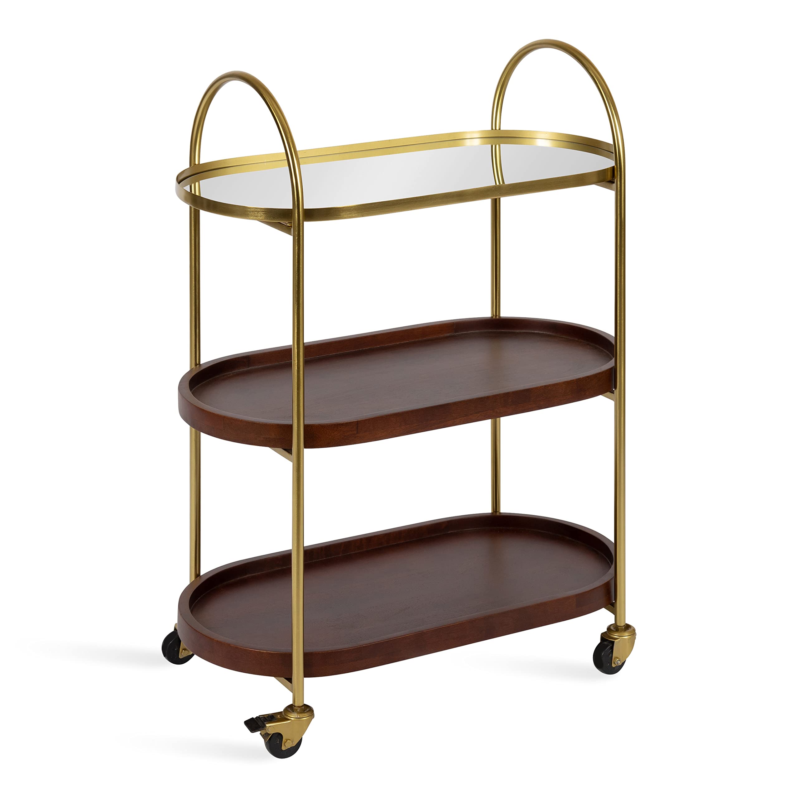 Kate and Laurel Maxfield Midcentury Modern Rolling Bar Cart, 26 x 13 x 36, Walnut and Gold, Decorative Glamorous Wood and Mirrored Kitchen Storage