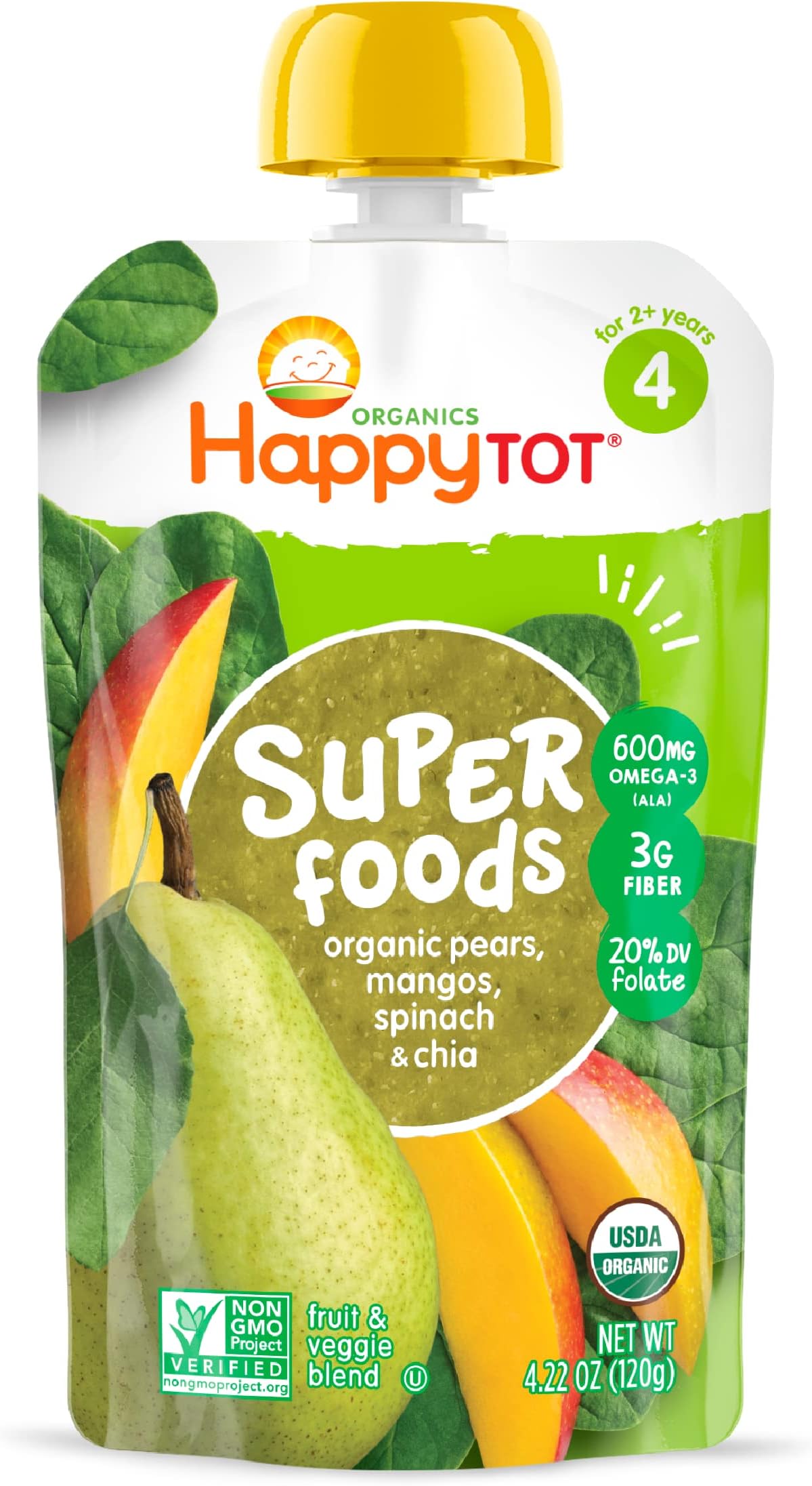 HAPPYTOT Organics Stage 4 Baby Food Pouches, Gluten Free, Vegan Snack, SuperFoods Fruit & Veggie Puree, Pears, Mango, Spinach & Chia, 4.22 Ounce (Pack of 1)