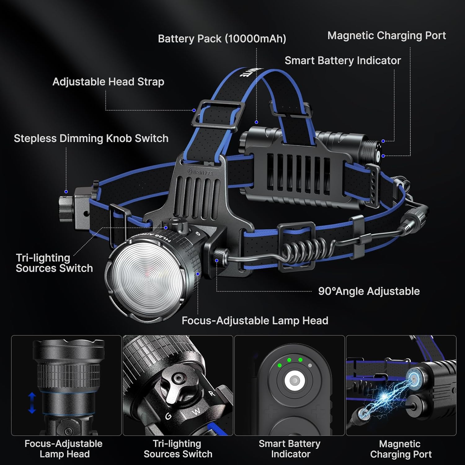 Brinyte HL28 Rechargeable Hunting Headlamp, Red Green White Zoomable 3-Color LED Hunting Headlight, IP66 Waterproof Predator Flashlight for Coon Coyote Hunting