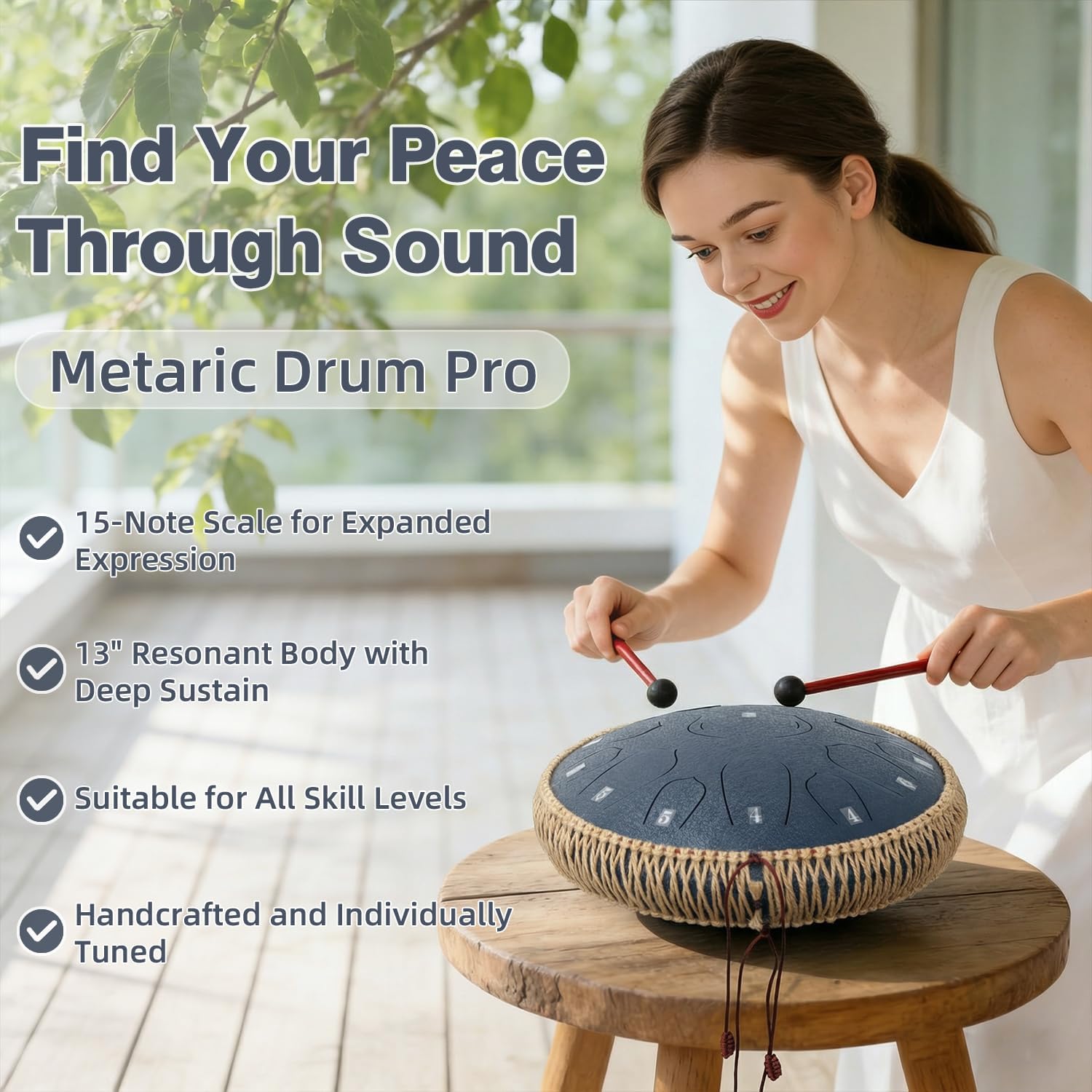 Steel Tongue Drum 13 Inch 15 Note, 440Hz Steel Drum in D Major, Deep Resonant handpan drum for Adults, Hand Pan Drums for Meditation, Yoga & Studio, with Music Book, Carry Bag & Mallets
