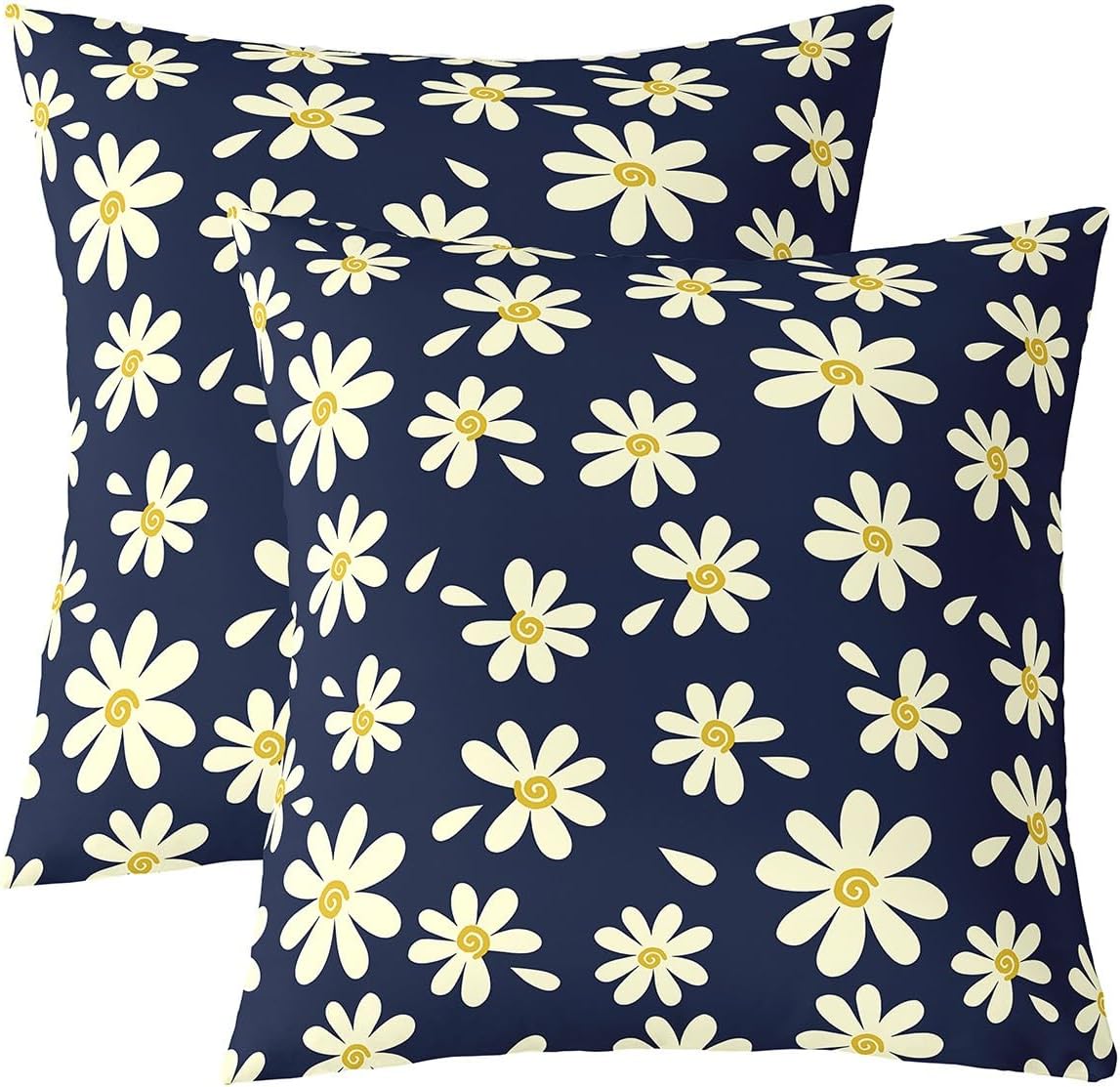 Manfei White Daisy Pillow Covers 24X24 Inch Yellow Graffiti Spiral Pattern Cushion Case for Office Bedroom Rustic Plant Dark Blue Square Pillow Cases for Sofa Couch Reversible Print