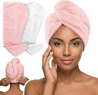 Hampton Distribution Rapid-Dry Microfiber Hair Towels, 2 Pack, Pink/White, Absorbent Hair Turban