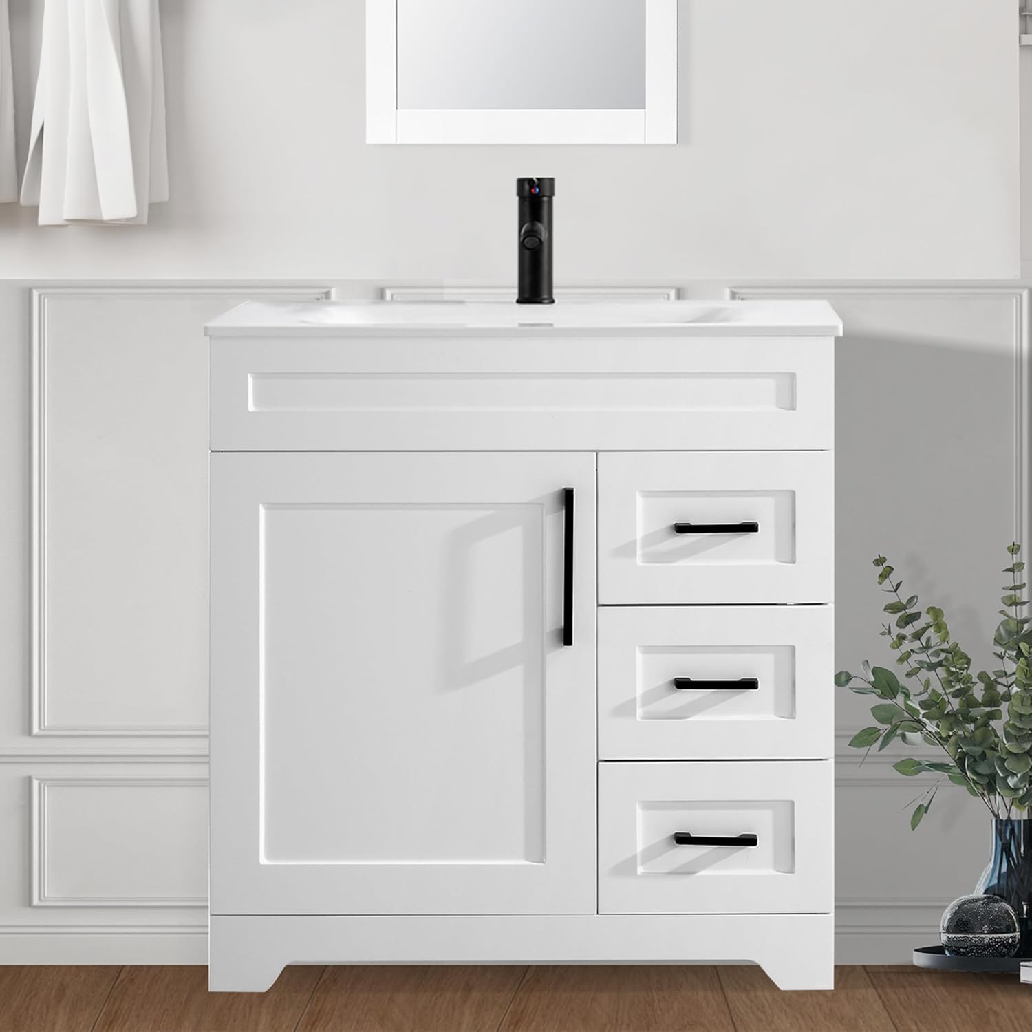 30" Bathroom Vanity with Sink, Undermount Ceramic Sink,Modern Plywood Bathroom Vanity with 3 Drawers and 1 Soft Closing Door,Metal Handles,Easy Assemble,Spacious Storage Cabinet in White