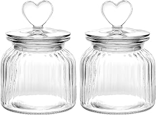 WHJY Set of 2 Airtight Glass Jars, 22oz Jar of Hearts Cute Cookie Jar Decorative Jars with Lids Candy Jars for Candy Buffet Heart Shaped Lid (Stripes Textured)