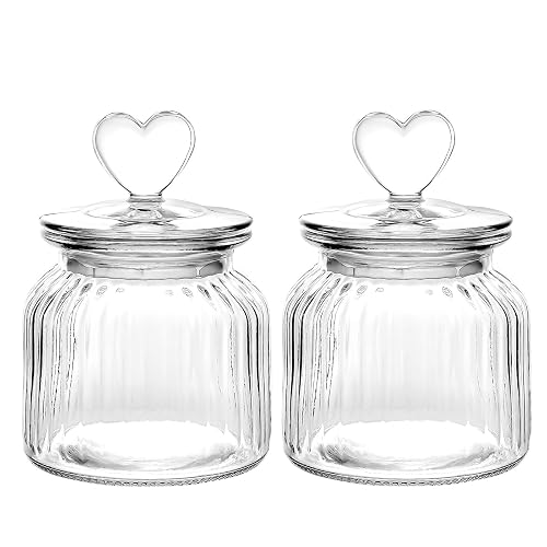 WHJY Set of 2 Airtight Glass Jars, 22oz Jar of Hearts Cute Cookie Jar Decorative Jars with Lids Candy Jars for Candy Buffet Heart Shaped Lid (Stripes Textured) - Stripes Textured